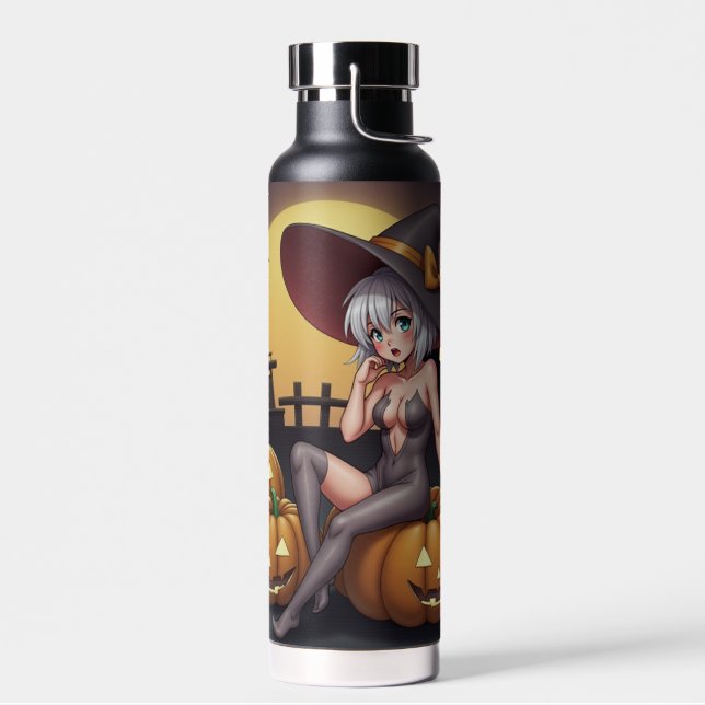 Green Eye Halloween Witch on Jack-O-Lantern's Water Bottle (Left)