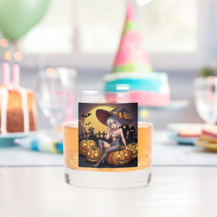 Green Eye Halloween Witch on Jack-O-Lantern's Whiskey Glass