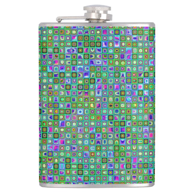 Green 'Eyeballs' Psychedelic Retro Tiles Pattern Hip Flask (Front)