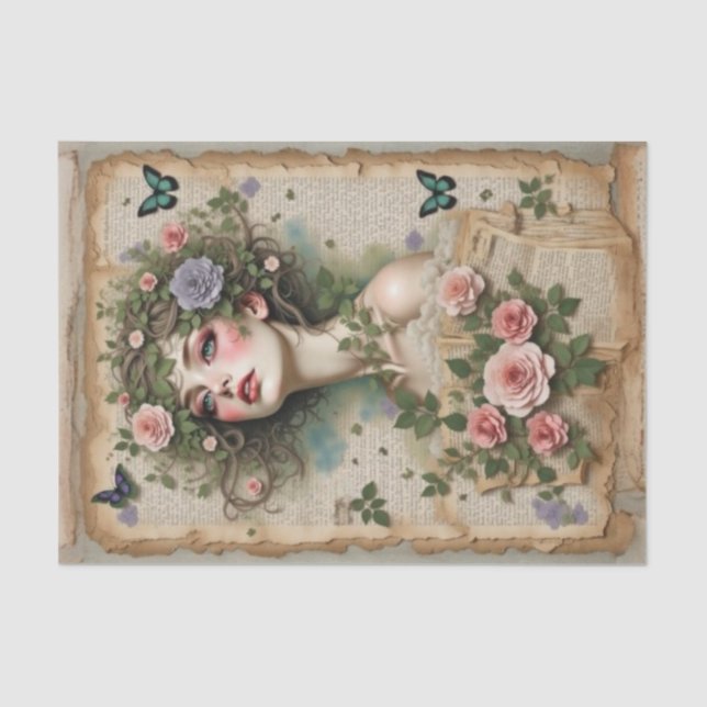 Green-Eyed Beauty with Flowers & Butterflies Tissue Paper (Front)