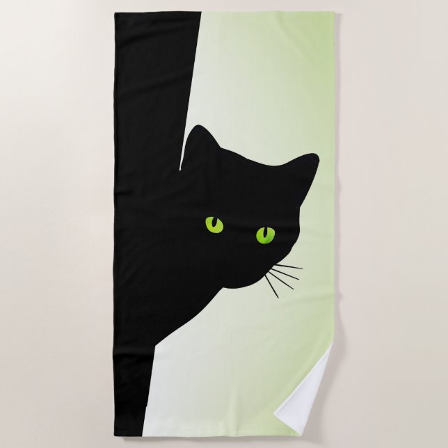 Green Eyed Black Cat Beach Towel (Front)