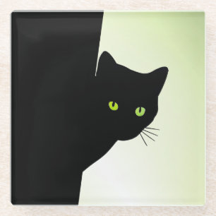 Green Eyed Black Cat Glass Coaster