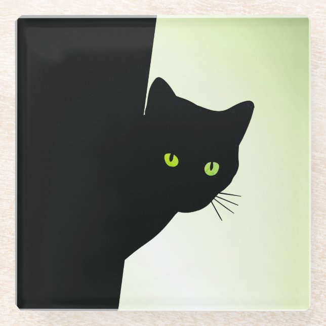 Green Eyed Black Cat Glass Coaster (Front)