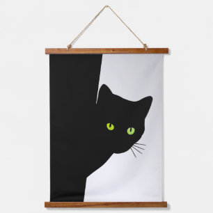 Green Eyed Black Cat on Silver Hanging Tapestry