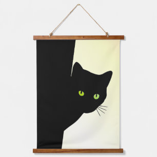Green Eyed Black Cat on Yellow Hanging Tapestry