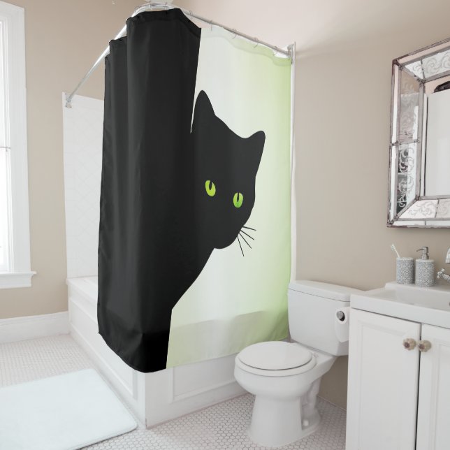 Green Eyed Black Cat Shower Curtain (In Situ)