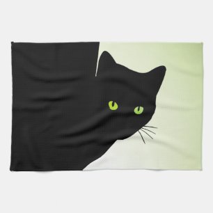 Green Eyed Black Cat Tea Towel