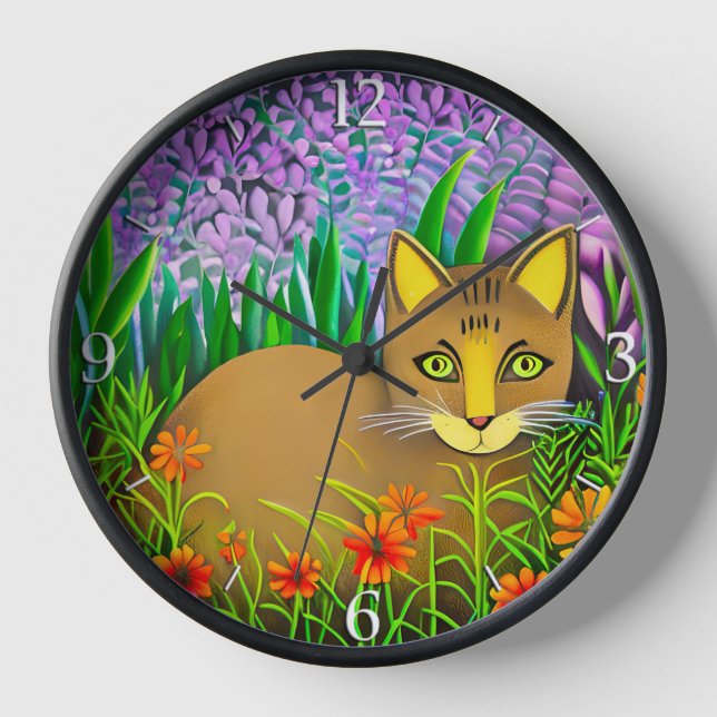 Green Eyed Cat in a Flower Garden Clock (Front)