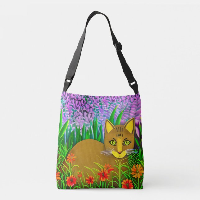 Green Eyed Cat in a Flower Garden Crossbody Bag (Back)
