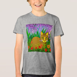 Green Eyed Cat in a Flower Garden Kid's Tee