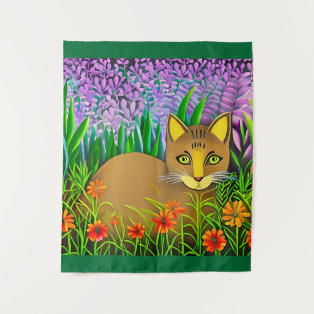Green Eyed Cat in a Flower Garden  Tapestry (Front)