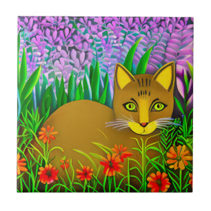 Green Eyed Cat in a Flower Garden Tile