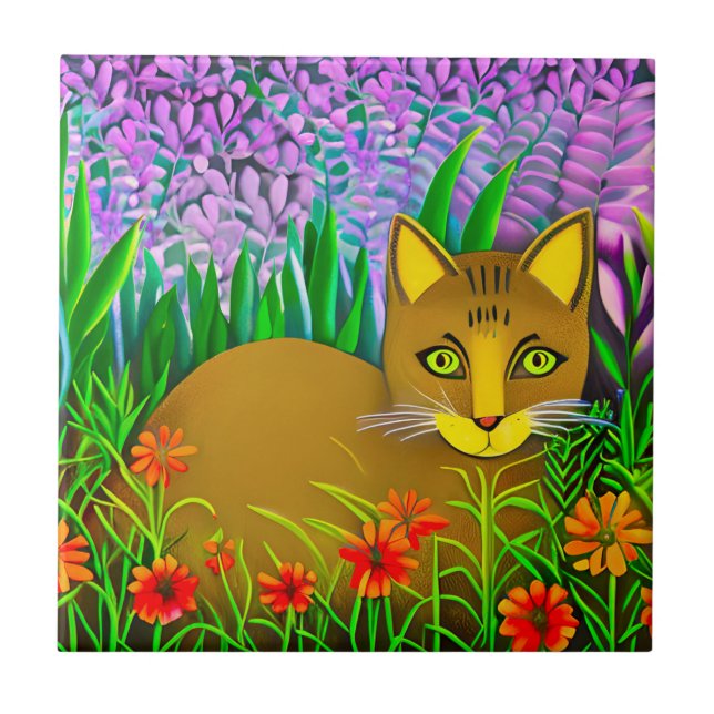 Green Eyed Cat in a Flower Garden Tile (Front)