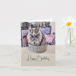 Green-Eyed Cat In Basket Birthday Card