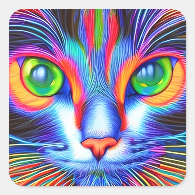 Green Eyed Colourful Ai Generated Cat Square Sticker (Front)