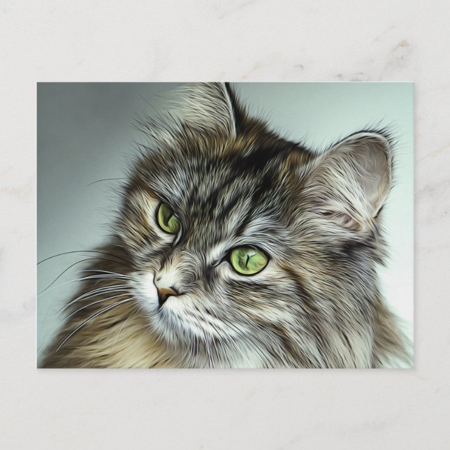 Green Eyed Fluffy Cat Oil Painting Postcard (Front)