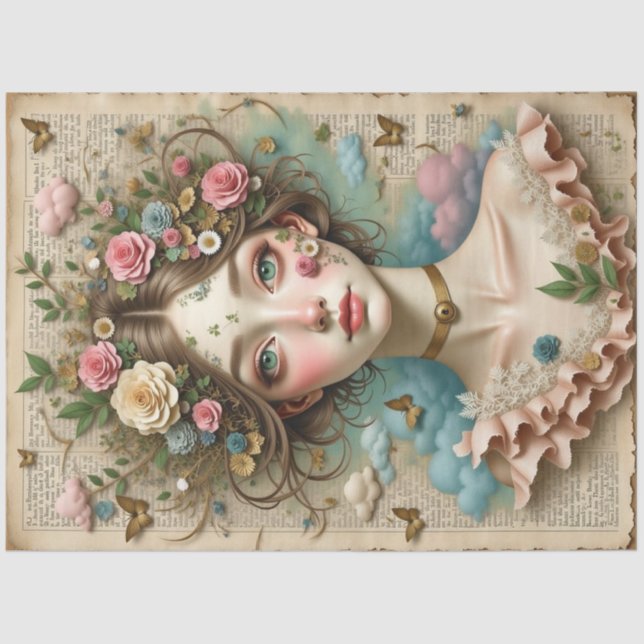 Green-Eyed Girl with Flowers & Butterflies Tissue Paper (Front)
