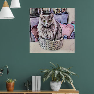 Green-Eyed Grey Cat In Basket Poster