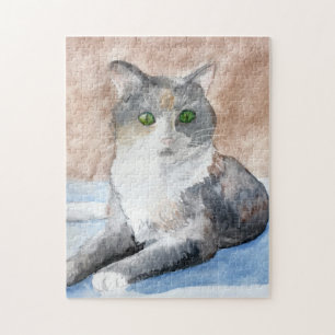 Green Eyed, Grey, White, and Brown Cat Watercolor Jigsaw Puzzle