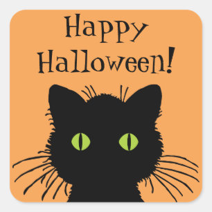 Green Eyed Halloween Black Cat Design Square Sticker