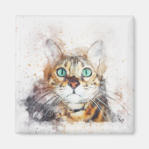 Green Eyed Kitty Portrait Abstract Watercolor Magnet