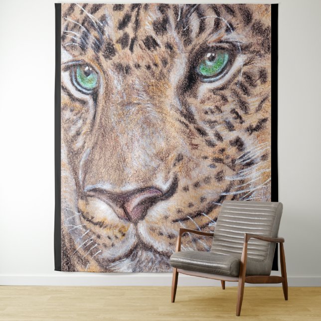 Green-Eyed Leopard Face Tapestry (In Situ)