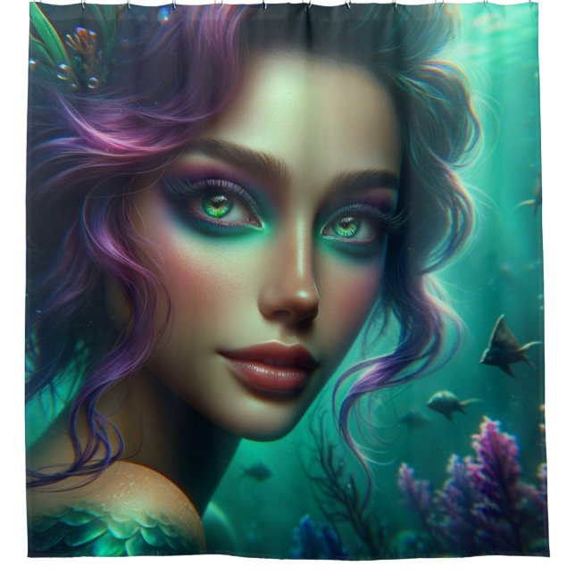 “Green-Eyed Mermaid” Shower Curtain (Front)