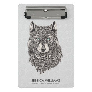 Green Eyed Ornate Wolf illustration Mini Clipboard
