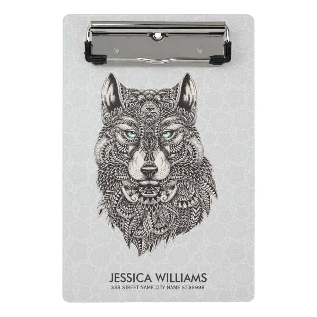 Green Eyed Ornate Wolf illustration Mini Clipboard (Front)