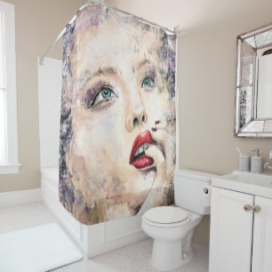 Green Eyed Pretty Woman Abstract Original Painting Shower Curtain