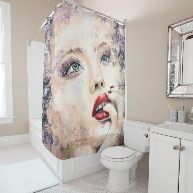Green Eyed Pretty Woman Abstract Original Painting Shower Curtain (In Situ)
