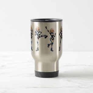 Green-Eyed Silver-Haired Robot Woman Travel Mug