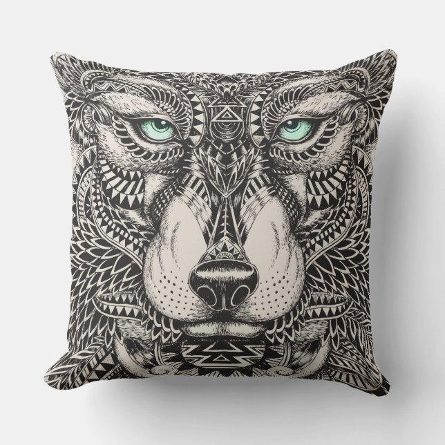 Green Eyed Wolf Ornate Illustration Cushion (Front)