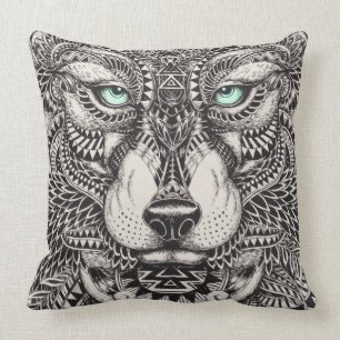 Green Eyed Wolf Ornate Illustration Cushion