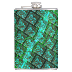 'Green eyes in grid', scratched and blurred Hip Flask