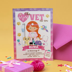 Green Eyes Red Hair Girl Vet Birthday Party Invitation