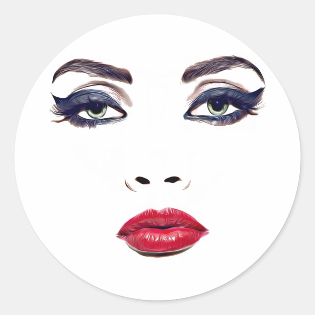 Green Eyes Red Lips Woman Face Original Makeup Art Classic Round Sticker (Front)