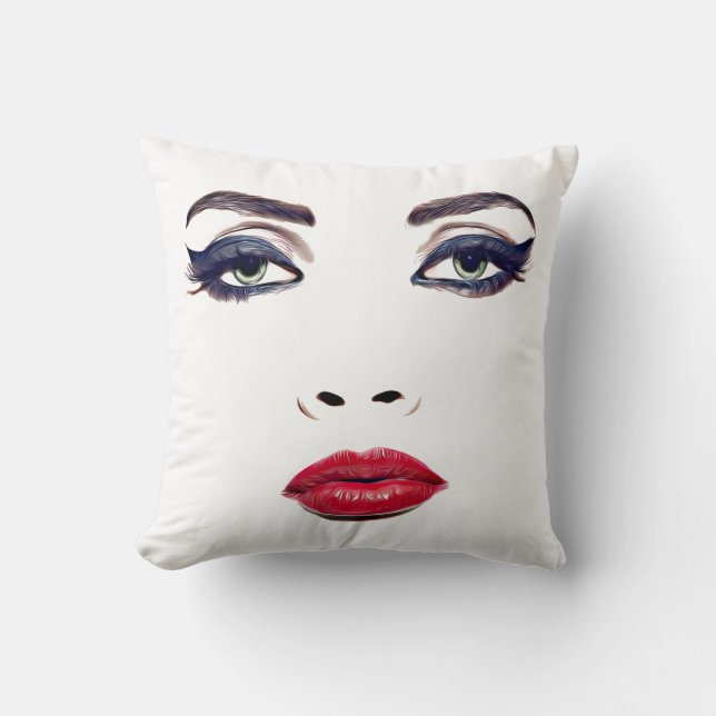 Green Eyes Red Lips Woman Face Original Makeup Art Cushion (Front)