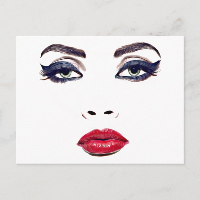 Green Eyes Red Lips Woman Face Original Makeup Art Postcard (Front)