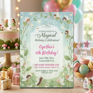 Green Fairies Forest Fireflies 5th Birthday Party Invitation