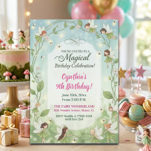 Green Fairies Forest Fireflies 9th Birthday Party Invitation
