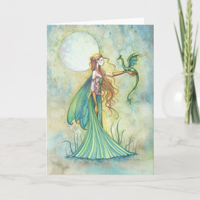 Green Fairy and Dragon Fantasy Art Card (Front)