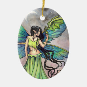 Green Fairy and Dragon Fantasy Art Ceramic Tree Decoration