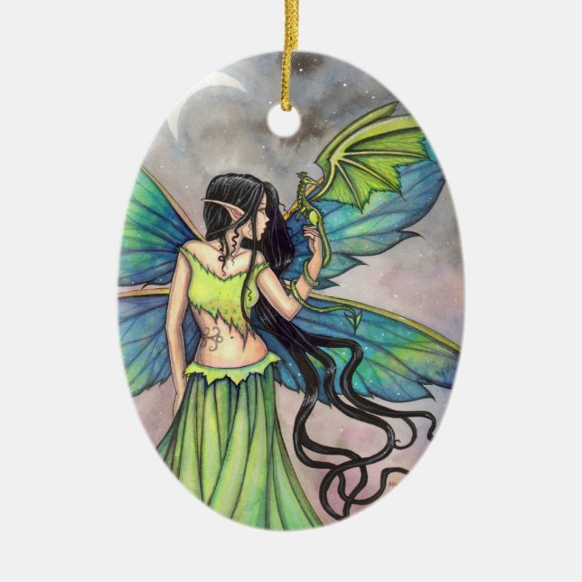 Green Fairy and Dragon Fantasy Art Ceramic Tree Decoration (Front)