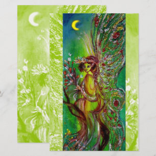 GREEN FAIRY HOLDING FLOWERS IN MOONLIGHT Fantasy Stationery