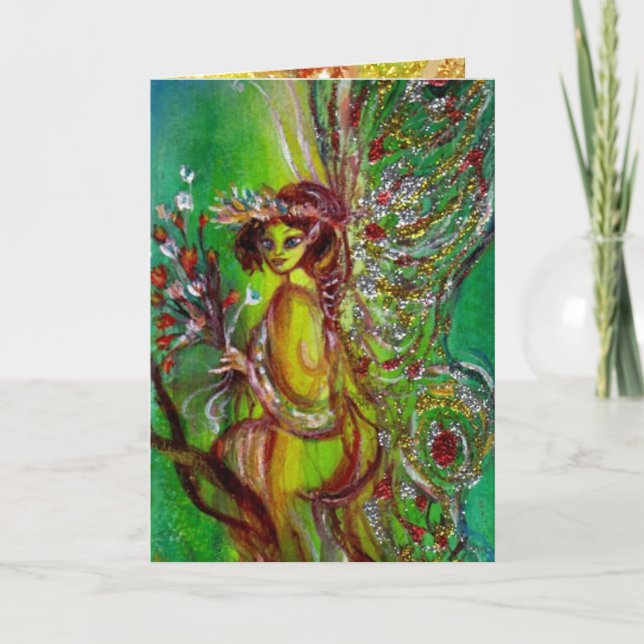 GREEN FAIRY WITH GOLD FLORAL SPARKLES IN MOONLIGHT HOLIDAY CARD (Front)