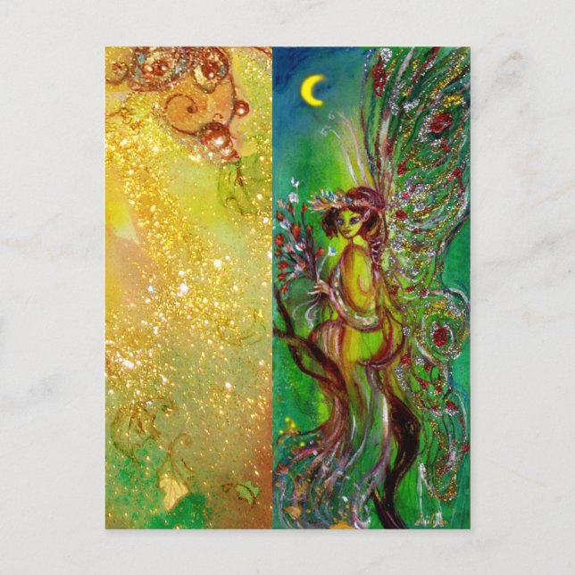 GREEN FAIRY WITH GOLD FLORAL SPARKLES IN MOONLIGHT POSTCARD (Front)