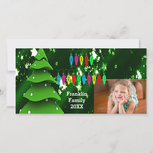 Green Fake Christmas Tree and Lights Photo Card (Front)