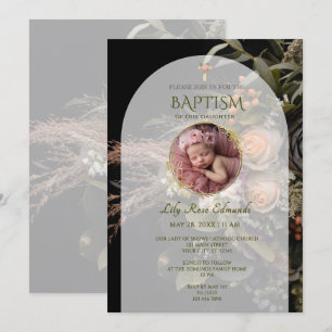 Green Fall Floral Baptism  Invitation