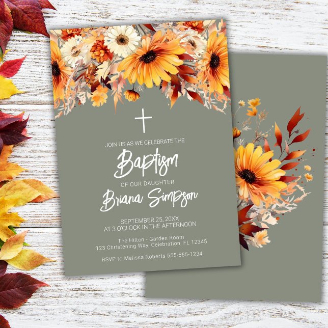 Green Fall Floral Baptism Invitation (Creator Uploaded)